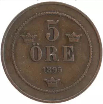 Монета 5 эре Швеции 1895 года Бронза Оскар II