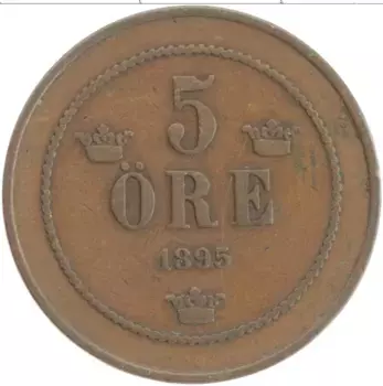Монета 5 эре Швеции 1895 года Бронза Оскар II