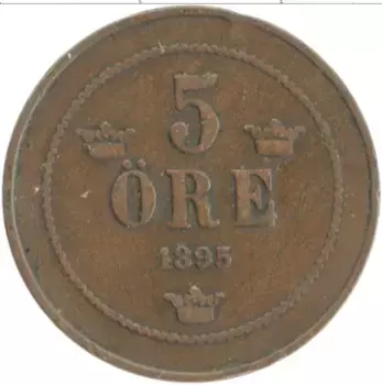 Монета 5 эре Швеции 1895 года Бронза Оскар II