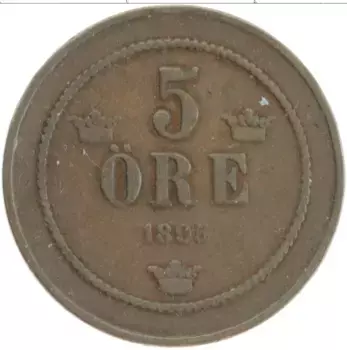 Монета 5 эре Швеции 1895 года Бронза Оскар II