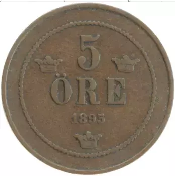 Монета 5 эре Швеции 1895 года Бронза Оскар II