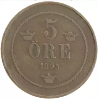 Монета 5 эре Швеции 1895 года Бронза Оскар II
