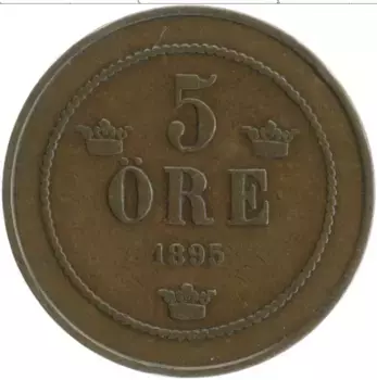 Монета 5 эре Швеции 1895 года Бронза Оскар II