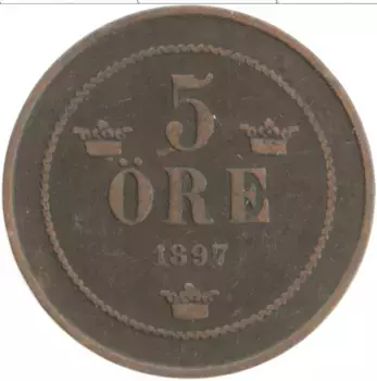 Монета 5 эре Швеции 1897 года Бронза Оскар II