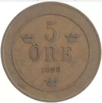 Монета 5 эре Швеции 1898 года Бронза Оскар II