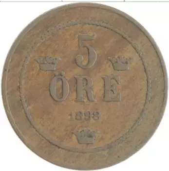 Монета 5 эре Швеции 1898 года Бронза Оскар II