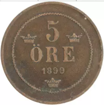 Монета 5 эре Швеции 1899 года Бронза Оскар II