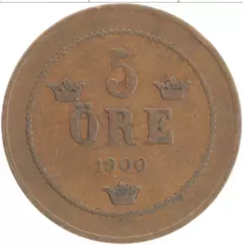 Монета 5 эре Швеции 1900 года Бронза Оскар II