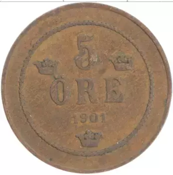 Монета 5 эре Швеции 1901 года Бронза Оскар II