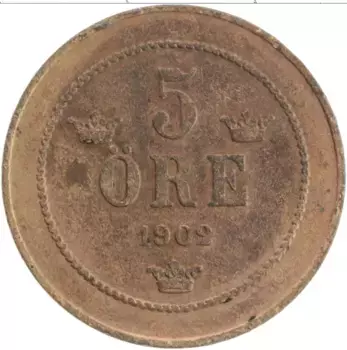 Монета 5 эре Швеции 1902 года Бронза Оскар II