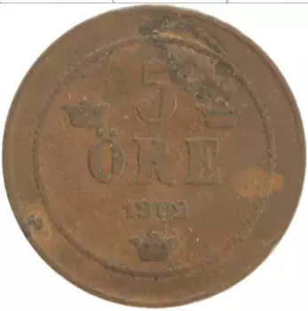 Монета 5 эре Швеции 1902 года Бронза Оскар II
