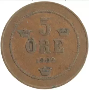 Монета 5 эре Швеции 1902 года Бронза Оскар II