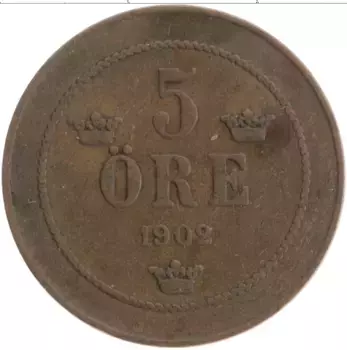 Монета 5 эре Швеции 1902 года Бронза Оскар II