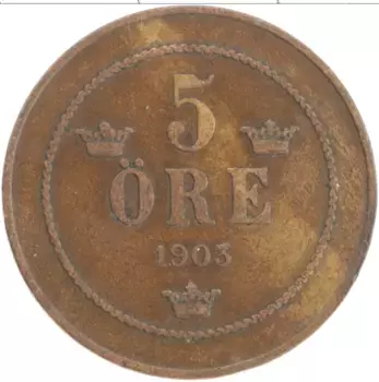 Монета 5 эре Швеции 1903 года Бронза Оскар II