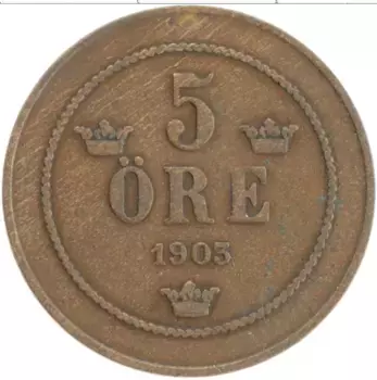 Монета 5 эре Швеции 1903 года Бронза Оскар II