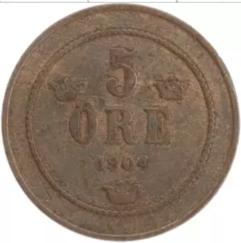Монета 5 эре Швеции 1904 года Бронза Оскар II