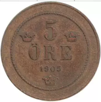 Монета 5 эре Швеции 1905 года Бронза Оскар II