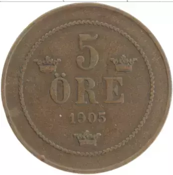 Монета 5 эре Швеции 1905 года Бронза Оскар II