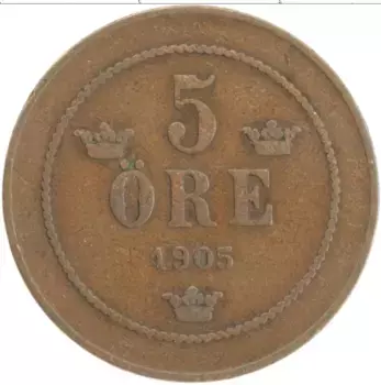 Монета 5 эре Швеции 1905 года Бронза Оскар II