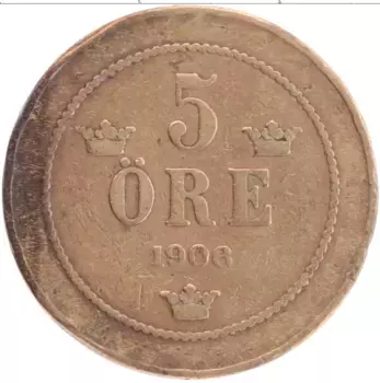 Монета 5 эре Швеции 1906 года Бронза Оскар II