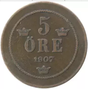 Монета 5 эре Швеции 1907 года Бронза Оскар II