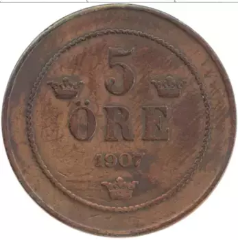 Монета 5 эре Швеции 1907 года Бронза Оскар II