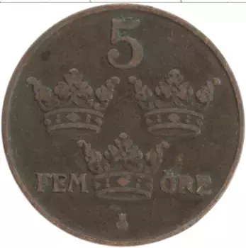 Монета 5 эре Швеции 1914 года Бронза Густав V