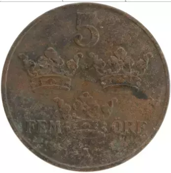 Монета 5 эре Швеции 1919 года Бронза Густав V
