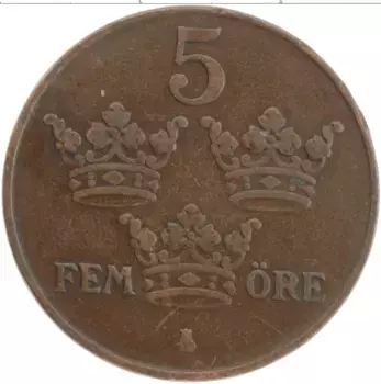 Монета 5 эре Швеции 1924 года Бронза Густав V