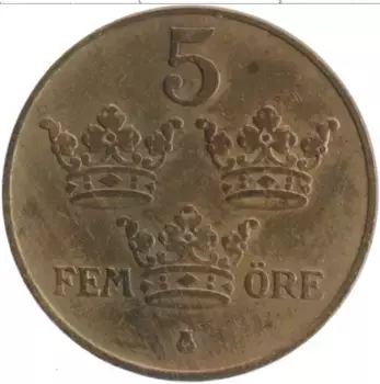 Монета 5 эре Швеции 1924 года Бронза Густав V