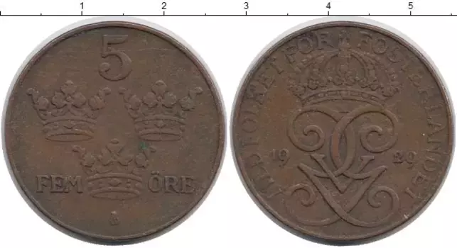 Монета 5 эре Швеции 1929 года Бронза Густав V