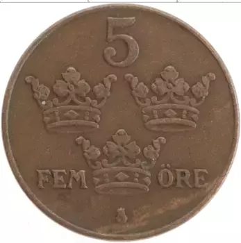 Монета 5 эре Швеции 1929 года Бронза Густав V