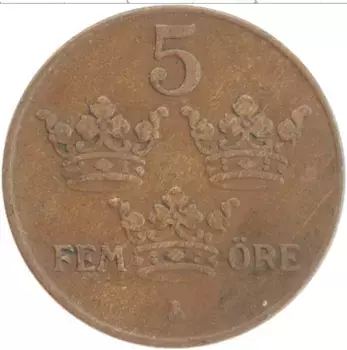 Монета 5 эре Швеции 1931 года Бронза Густав V