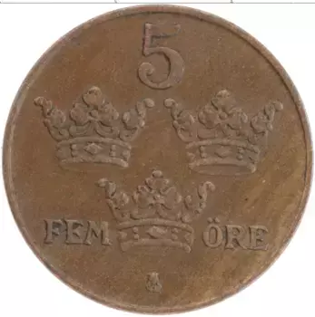 Монета 5 эре Швеции 1933 года Бронза Густав V