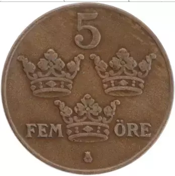 Монета 5 эре Швеции 1934 года Бронза Густав V