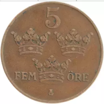 Монета 5 эре Швеции 1934 года Бронза Густав V