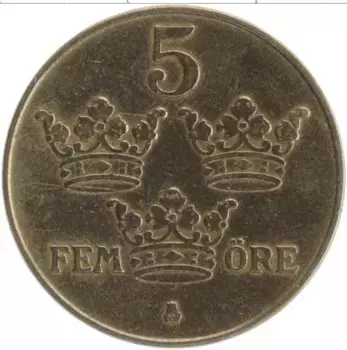 Монета 5 эре Швеции 1934 года Бронза Густав V