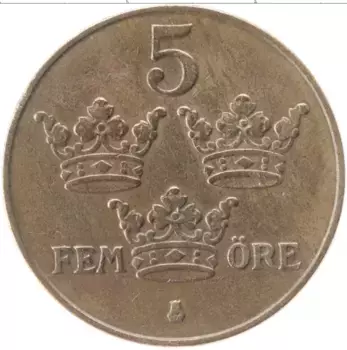 Монета 5 эре Швеции 1934 года Медь Густав V