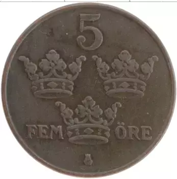 Монета 5 эре Швеции 1935 года Бронза Густав V