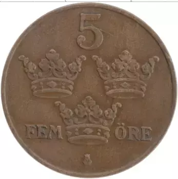 Монета 5 эре Швеции 1936 года Бронза Густав V