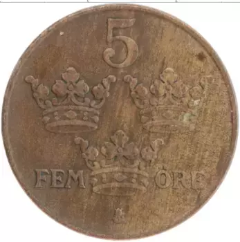 Монета 5 эре Швеции 1937 года Бронза Густав V
