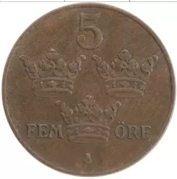Монета 5 эре Швеции 1938 года Бронза Густав V