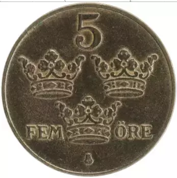 Монета 5 эре Швеции 1938 года Бронза Густав V