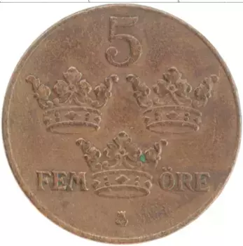 Монета 5 эре Швеции 1939 года Бронза Густав V