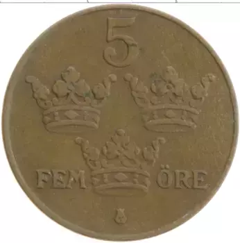 Монета 5 эре Швеции 1940 года Бронза Густав V