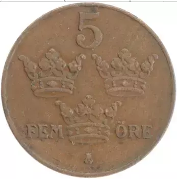 Монета 5 эре Швеции 1940 года Бронза Густав V