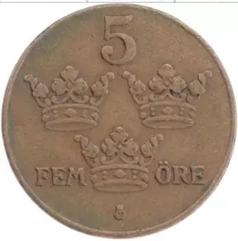 Монета 5 эре Швеции 1940 года Бронза Густав V