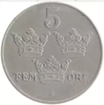 Монета 5 эре Швеции 1943 года Железо Густав V