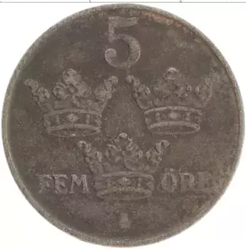 Монета 5 эре Швеции 1944 года Железо Густав V