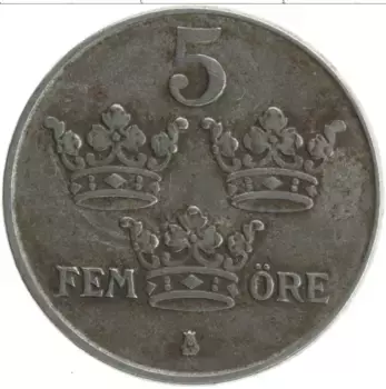 Монета 5 эре Швеции 1944 года Железо Густав V